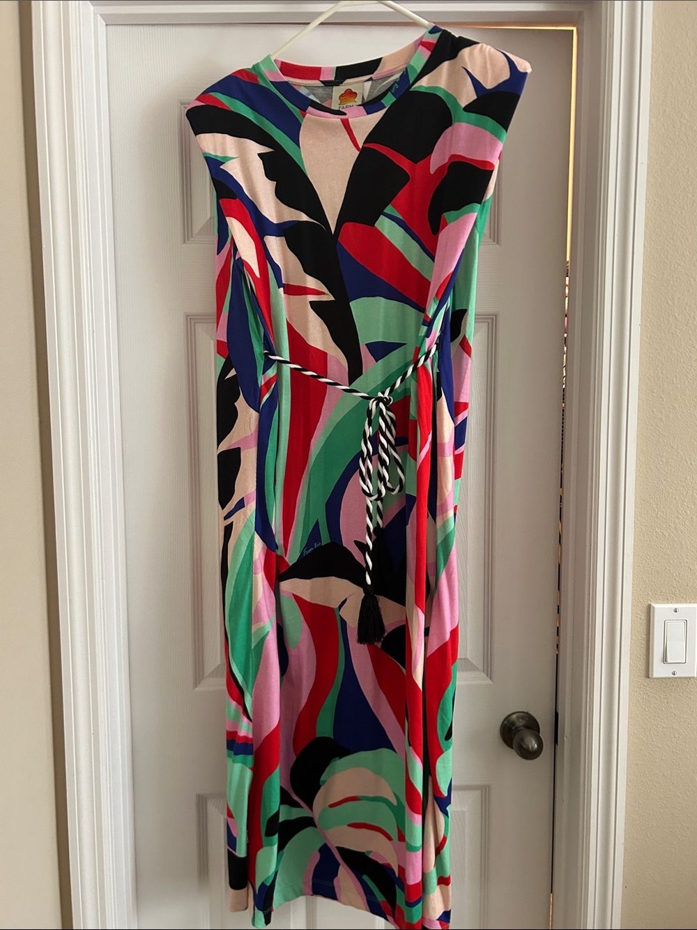 FARM Rio Bold Multicolor Abstract Maxi Dress with Braided Tie
